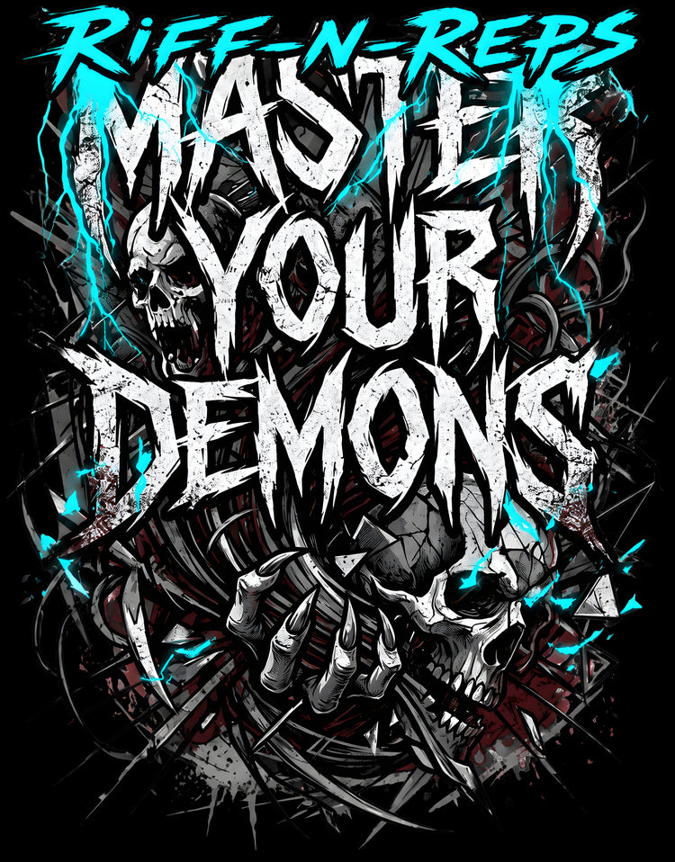 Brachiales RIFF_N_REPS Kollektions-Artwork mit dem Schriftzug „Master Your Demons“ im Metal-Stil, umgeben von Totenköpfen, Ketten und cyanblauen Blitzen auf schwarzem Hintergrund für Hardcore Gym Wear.