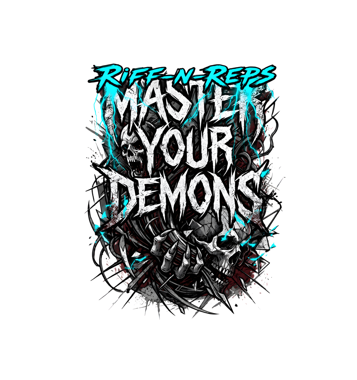 Brachiales RIFF_N_REPS Kollektions-Artwork mit dem Schriftzug „Master Your Demons“ im Metal-Stil, umgeben von Totenköpfen, Ketten und cyanblauen Blitzen auf schwarzem Hintergrund für Hardcore Gym Wear.