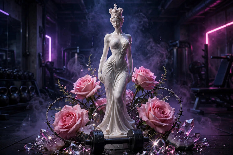 BEAUTY IN PAIN Kollektion von RiFF_N_REPS mit Queen-Statue, rosa Rosen, Hantel, Kristallen, Stacheldraht und dunkler Neon-Gym Atmosphäre