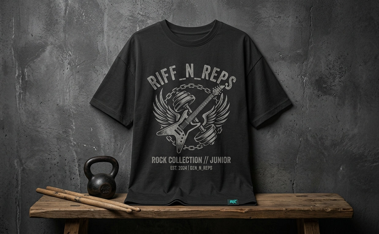 Schwarzes RiFF_N_REPS Junior Oversize-Shirt der Rock Collection Junior auf Betonboden neben Schlagzeugstöcken. Brustprint mit verwaschener Linien-Art einer Hantel-Gitarre mit Flügeln, Ketten, "RiFF_N_REPS" Schriftzug und "ROCK COLLECTION // JUNIOR".