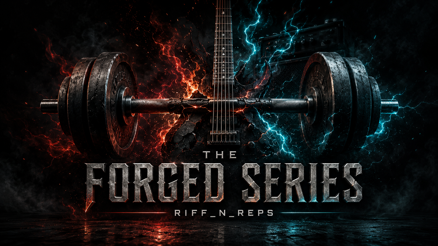 THE FORGED SERIES Kollektion von RiFF_N_REPS mit Langhantel, E-Gitarre, Feuerenergie und cyanfarbenen Blitzen