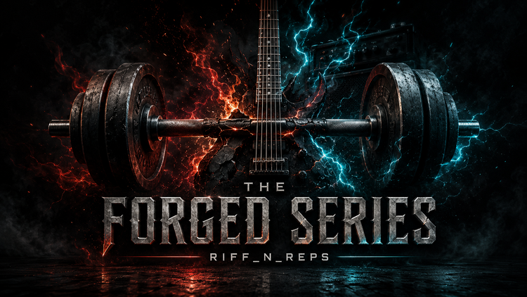 THE FORGED SERIES Kollektion von RiFF_N_REPS mit Langhantel, E-Gitarre, Feuerenergie und cyanfarbenen Blitzen