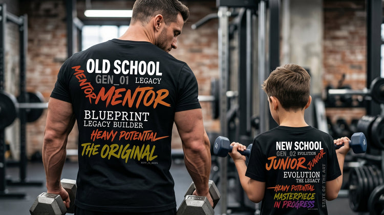 RiFF_N_REPS // The Legacy Protocol: Vater und Sohn im passenden Gym-Partnerlook zum Vatertag. Rückenansicht im Old-School Kraftraum. Vater im „THE MENTOR“ Shirt, Sohn im „THE JUNIOR“ Shirt, beide in schwarzer Heavy Cotton Qualität.