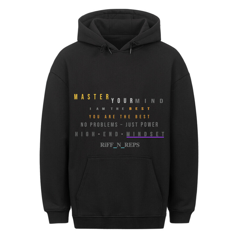 Black RiFF_N_REPS Heavyweight Oversize Hoodie with Neon Amber design worn in a gym setting.