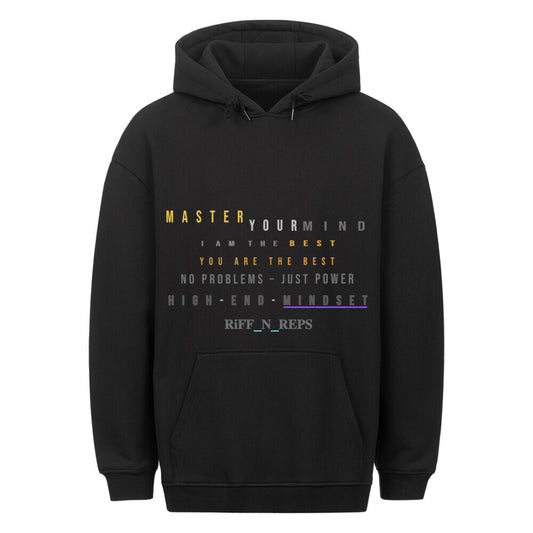 Black RiFF_N_REPS Heavyweight Oversize Hoodie with Neon Amber design worn in a gym setting.