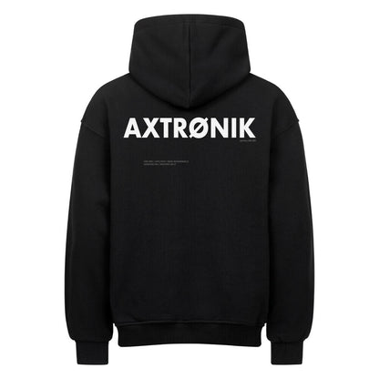 Rückansicht des AXTRØNIK UNIT 01 Hoodies mit massivem 42cm Backprint und technischen S-RNR: 00001 Alpha-Phase Daten.