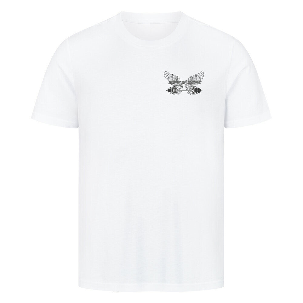 RIFF_N_REPS Logo mit mechanischen Engelsflügeln und Hantel auf schwarzem Premium-Baumwoll-Shirt.
