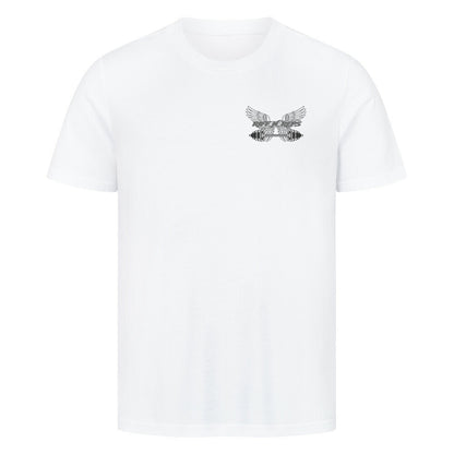 RIFF_N_REPS Logo mit mechanischen Engelsflügeln und Hantel auf schwarzem Premium-Baumwoll-Shirt.