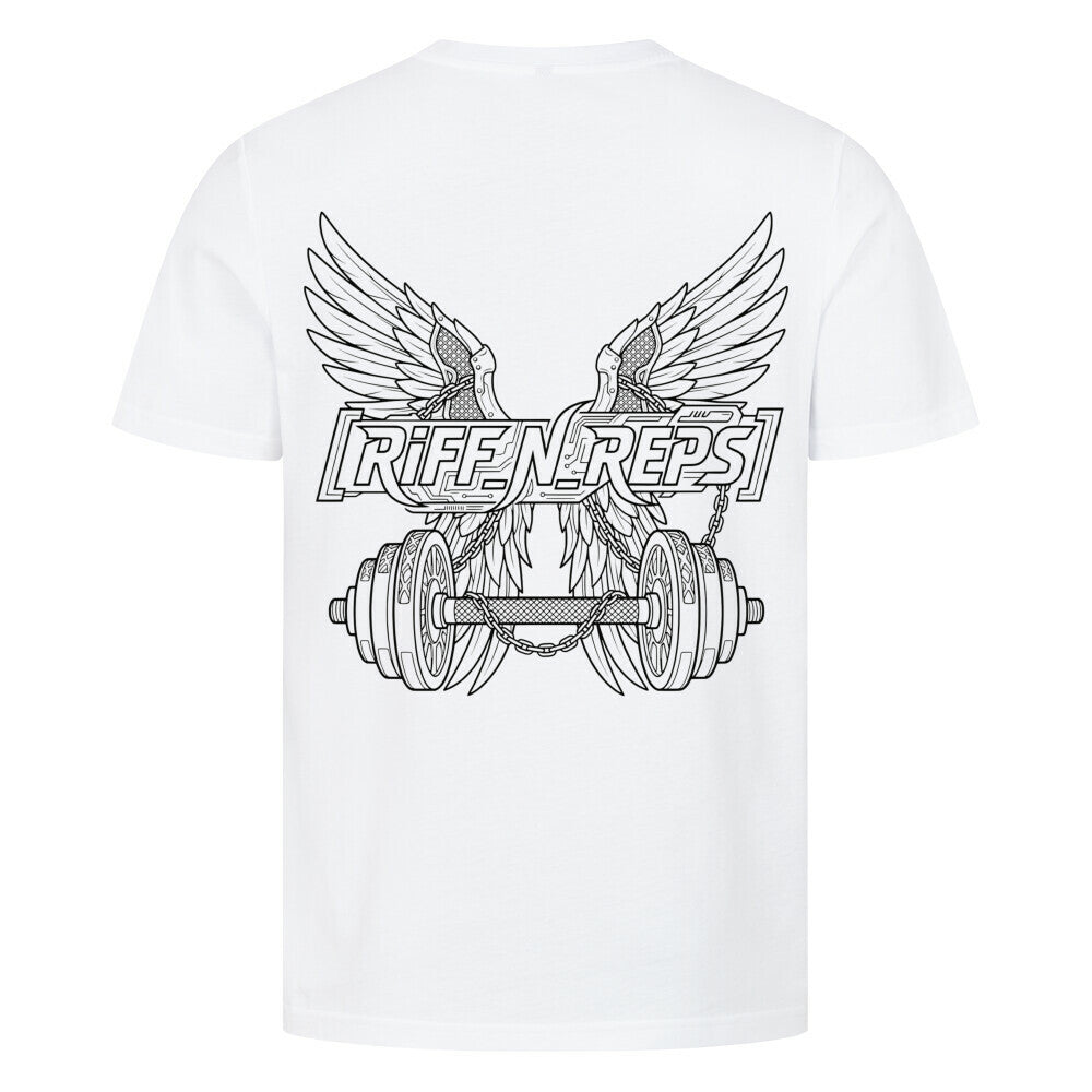 Großer Iron-Ascension Backprint – Massives Emblem aus Flügeln und Gewichtstange für Kraftsport-Enthusiasten.