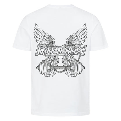 Großer Iron-Ascension Backprint – Massives Emblem aus Flügeln und Gewichtstange für Kraftsport-Enthusiasten.