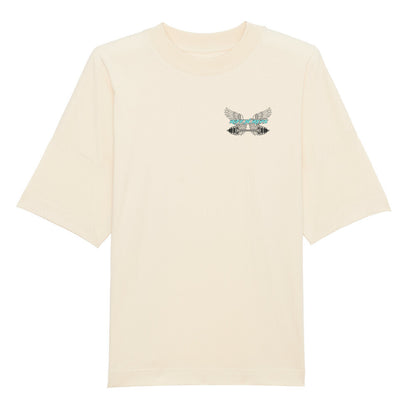 RIFF_N_REPS Logo in leuchtendem Cyan auf der linken Brust eines schwarzen Organic Oversize T-Shirts.