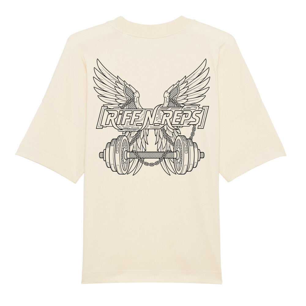 Detailliertes Rücken-Design mit Flügeln, Hanteln und Ketten im Linien-Art-Stil auf einem schwarzen Oversized Gym-Shirt.