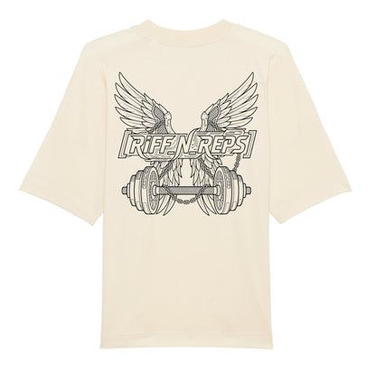 Detailliertes Rücken-Design mit Flügeln, Hanteln und Ketten im Linien-Art-Stil auf einem schwarzen Oversized Gym-Shirt.