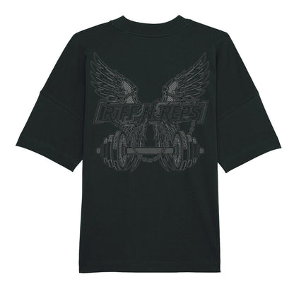 Detailliertes Rücken-Design mit Flügeln, Hanteln und Ketten im Linien-Art-Stil auf einem schwarzen Oversized Gym-Shirt.