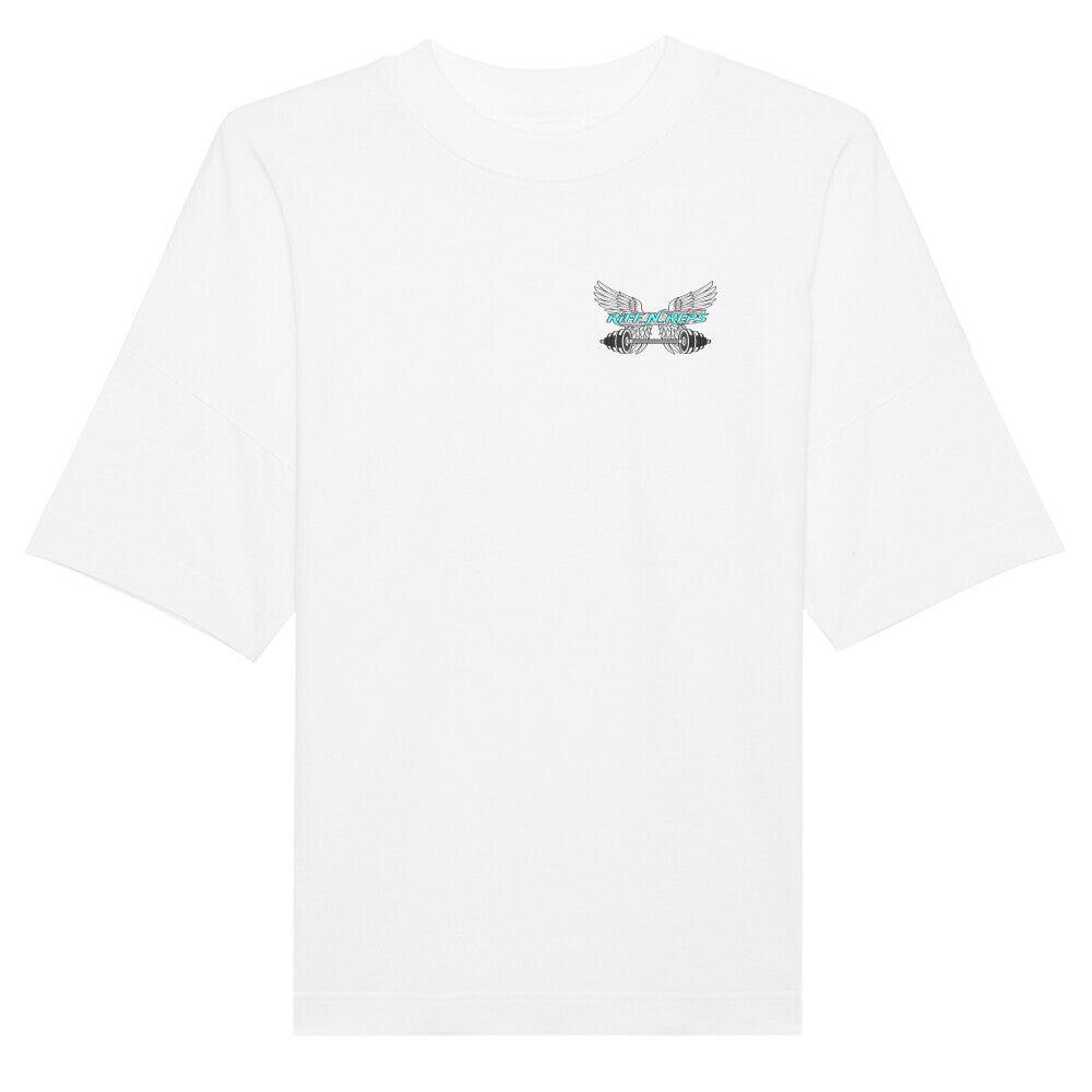 RIFF_N_REPS Logo in leuchtendem Cyan auf der linken Brust eines schwarzen Organic Oversize T-Shirts.