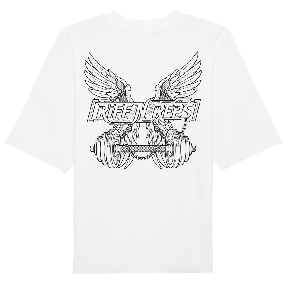 Detailliertes Rücken-Design mit Flügeln, Hanteln und Ketten im Linien-Art-Stil auf einem schwarzen Oversized Gym-Shirt.