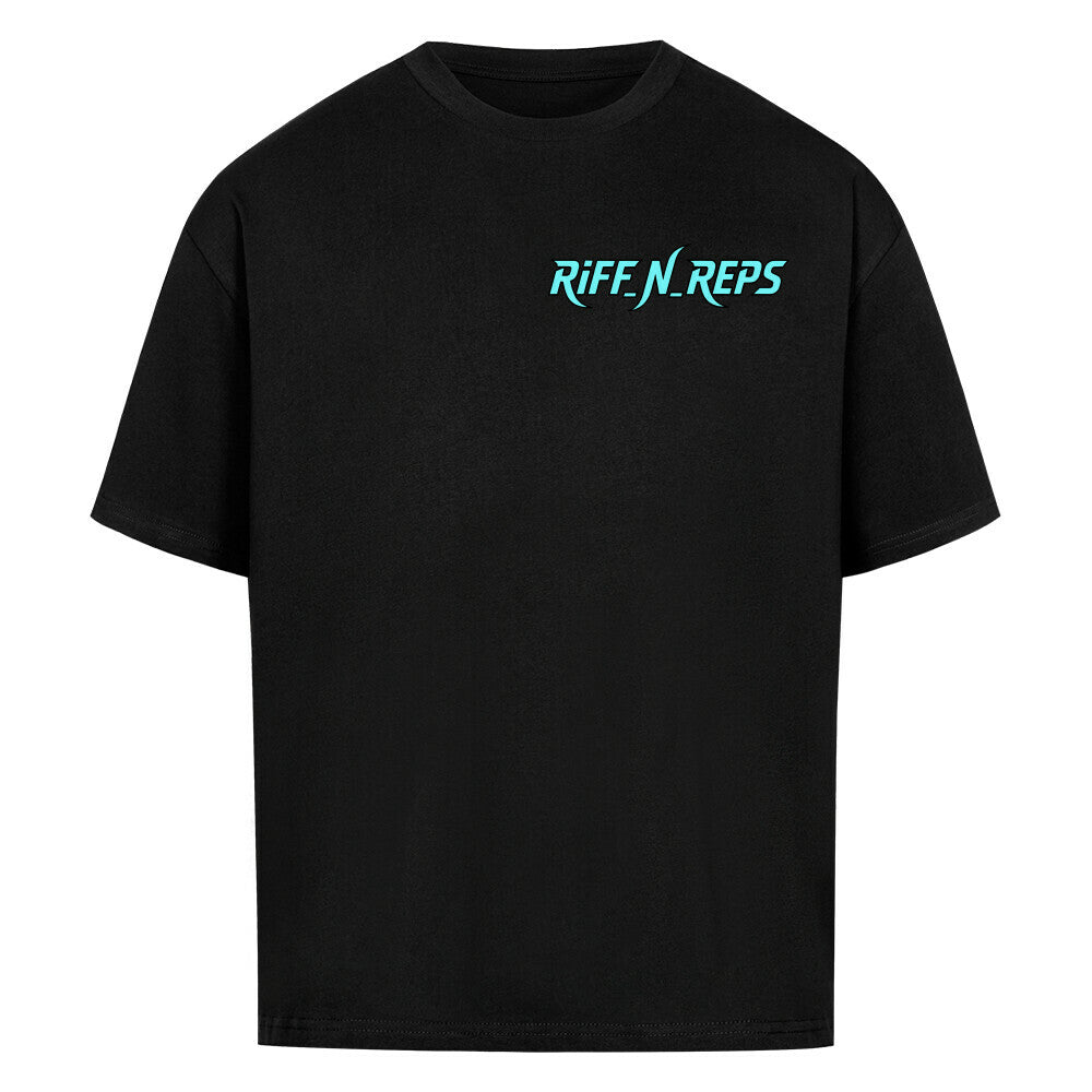 RiFF_N_REPS Mentor Shirt in Schwarz mit geschwungenem Neon-Türkis Brand-Logo und rost-rotem MENTOR-Schriftzug.