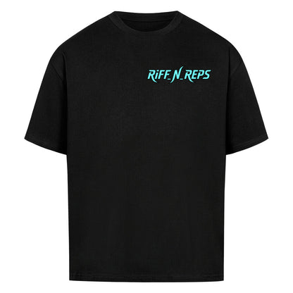 RiFF_N_REPS Mentor Shirt in Schwarz mit geschwungenem Neon-Türkis Brand-Logo und rost-rotem MENTOR-Schriftzug.