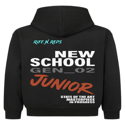 Schwarzer Kinder Hoodie mit weißem NEW SCHOOL Aufdruck und Cyan-farbenem RiFF_N_REPS Logo oben links. Sohn - Junior
