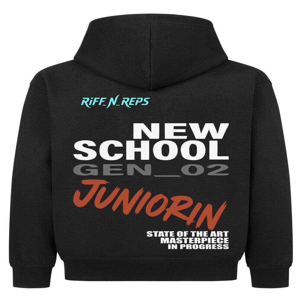 Schwarzer Mädchen Kapuzenpullover mit dynamischem New School Design und dezentem Cyan Branding oben links.