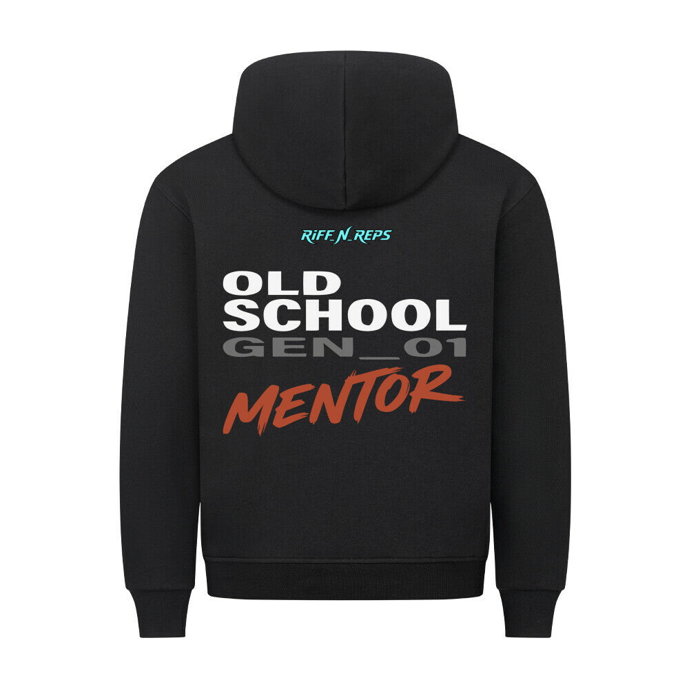 Schwerer schwarzer Herren Hoodie mit weißem Old School Print und großem, zentralem Cyan Branding Schriftzug. Mentor - Vater