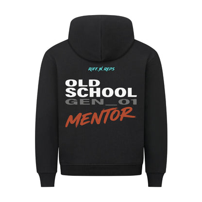 Schwerer schwarzer Herren Hoodie mit weißem Old School Print und großem, zentralem Cyan Branding Schriftzug. Mentor - Vater