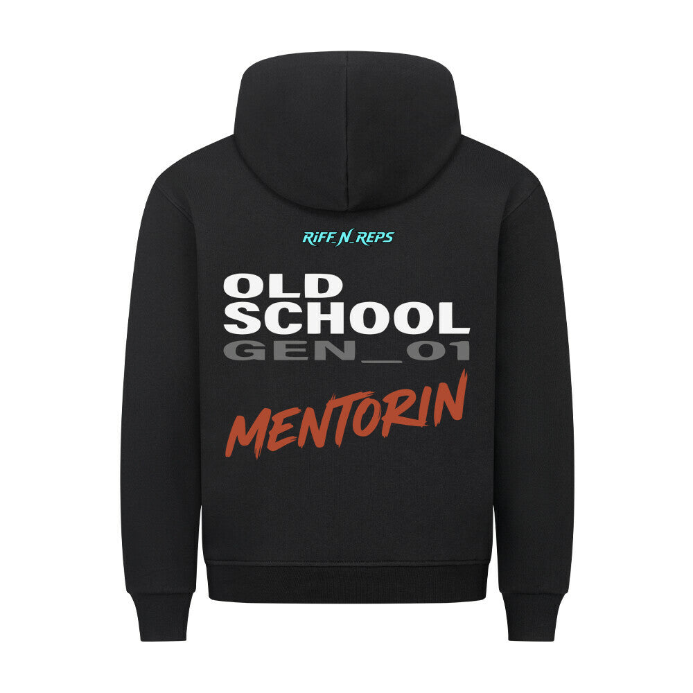 Schwarzer Damen Hoodie mit symmetrischem Old School Mentor Print und zentralem Cyan Branding oben.