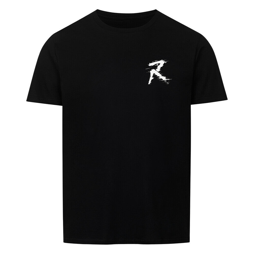 Vorderseite des RiFF_N_REPS REAL T-Shirts mit dem weißen, zerstörten R-Logo als kompakter Print auf der linken Brust.