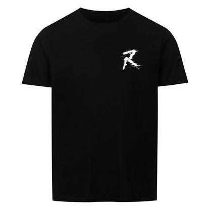 Vorderseite des RiFF_N_REPS REAL T-Shirts mit dem weißen, zerstörten R-Logo als kompakter Print auf der linken Brust.