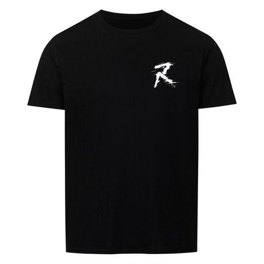 Vorderseite des RiFF_N_REPS REAL T-Shirts mit dem weißen, zerstörten R-Logo als kompakter Print auf der linken Brust.
