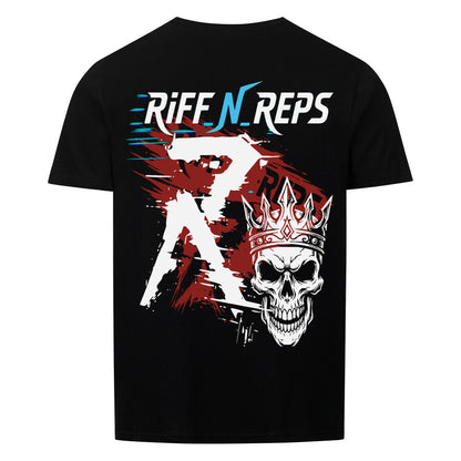 Rückseite des RiFF_N_REPS REAL T-Shirts mit großem Grunge-Backprint, bestehend aus einem gekrönten Totenkopf, rotem Hintergrund und blauen Glitch-Effekten.