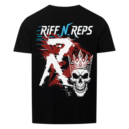 Rückseite des RiFF_N_REPS REAL T-Shirts mit großem Grunge-Backprint, bestehend aus einem gekrönten Totenkopf, rotem Hintergrund und blauen Glitch-Effekten.