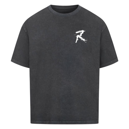 Anthrazit verwaschenes Black Wash Premium Gym-Shirt im Oversized Schnitt mit detailreichem Master Your Demons Print, Totenköpfen und cyanblauen Blitzen auf dem Rücken.