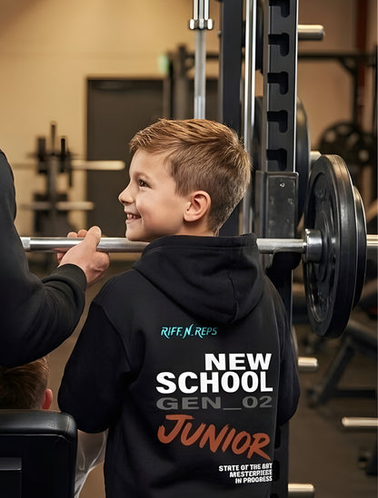 Schwarzer Kinder Hoodie mit weißem NEW SCHOOL Aufdruck und Cyan-farbenem RiFF_N_REPS Logo oben links. Sohn - Junior