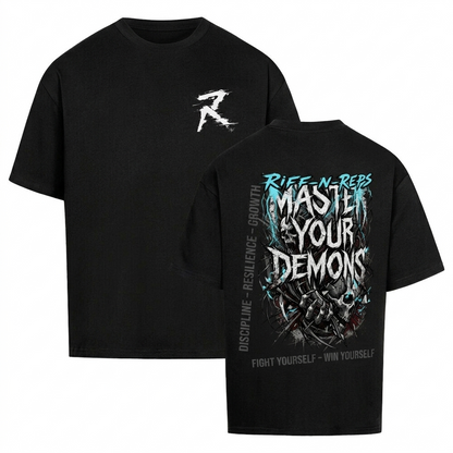 Schwarzes RIFF_N_REPS Heavy Oversized T-Shirt in der Front- und Rückansicht mit minimalistischem R-Logo auf der Brust und brachialem Demon Master Metal-Rückenprint.