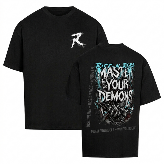 Schwarzes RIFF_N_REPS Heavy Oversized T-Shirt in der Front- und Rückansicht mit minimalistischem R-Logo auf der Brust und brachialem Demon Master Metal-Rückenprint.