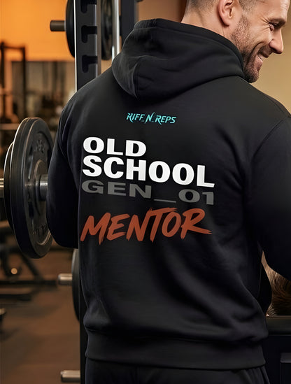 Schwerer schwarzer Herren Hoodie mit weißem Old School Print und großem, zentralem Cyan Branding Schriftzug. Mentor - Vater
