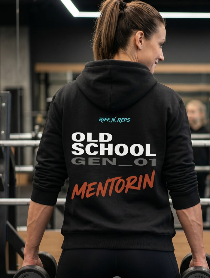 Schwarzer Damen Hoodie mit symmetrischem Old School Mentor Print und zentralem Cyan Branding oben. Mutter und Tochter