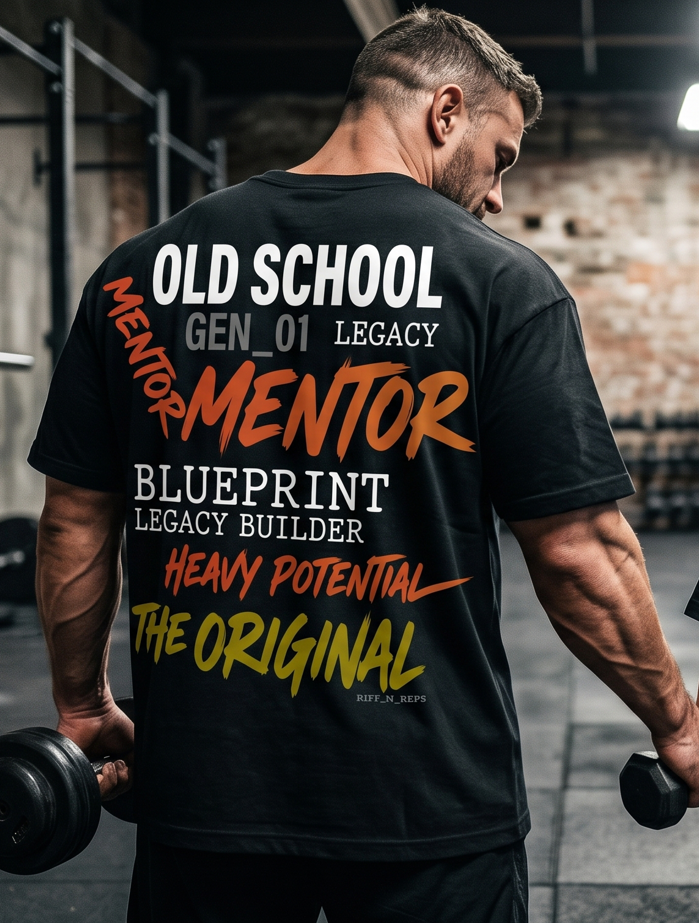 RiFF_N_REPS Mentor Shirt in Schwarz, Oversized Schnitt, hochwertiger weißer Grafik-Print „OLD SCHOOL GEN_01“ mit rost-rotem Pinselstrich-Akzent „MENTOR“