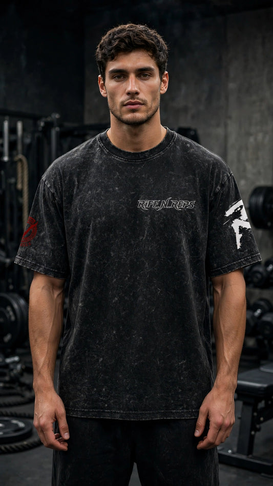 RIFF_N_REPS – "FORGED IN VOLUME" Oversized Tee [Acid Wash]