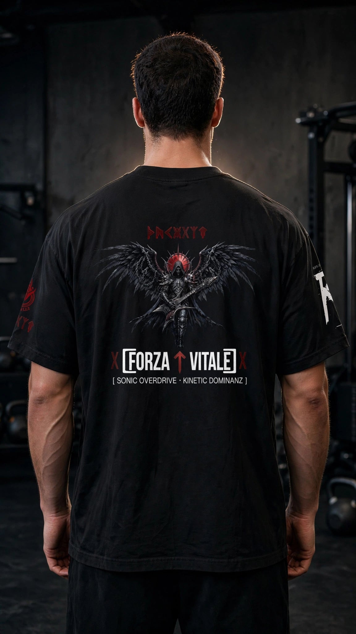 Mkit Model Detaillierter Backprint mit geflügeltem Gitarristen und Forza Vitale Schriftzug, düsteres Metal-Art-Design.