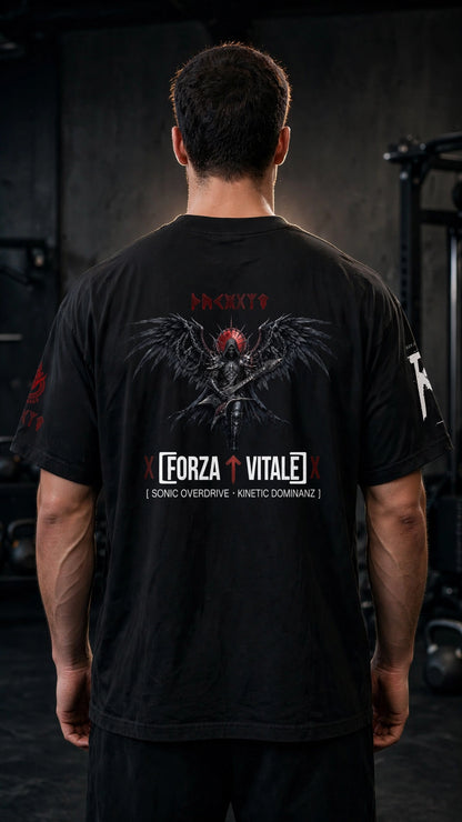 Mkit Model Detaillierter Backprint mit geflügeltem Gitarristen und Forza Vitale Schriftzug, düsteres Metal-Art-Design.