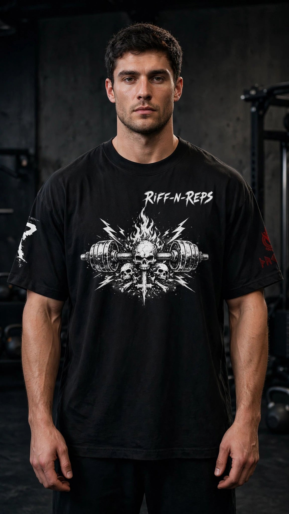 Mit Model Schwarzes Gym-Shirt mit weißem Riff N Reps Logo im Kreuz-Design, minimalistischer Heavy Metal Stil.