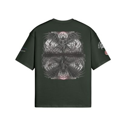 Rückansicht eines dunkelgrünen Oversized T-Shirts mit einem großflächigen, symmetrisch gespiegelten Grafikdruck eines Engels mit Gitarre im Metal-Stil.B7