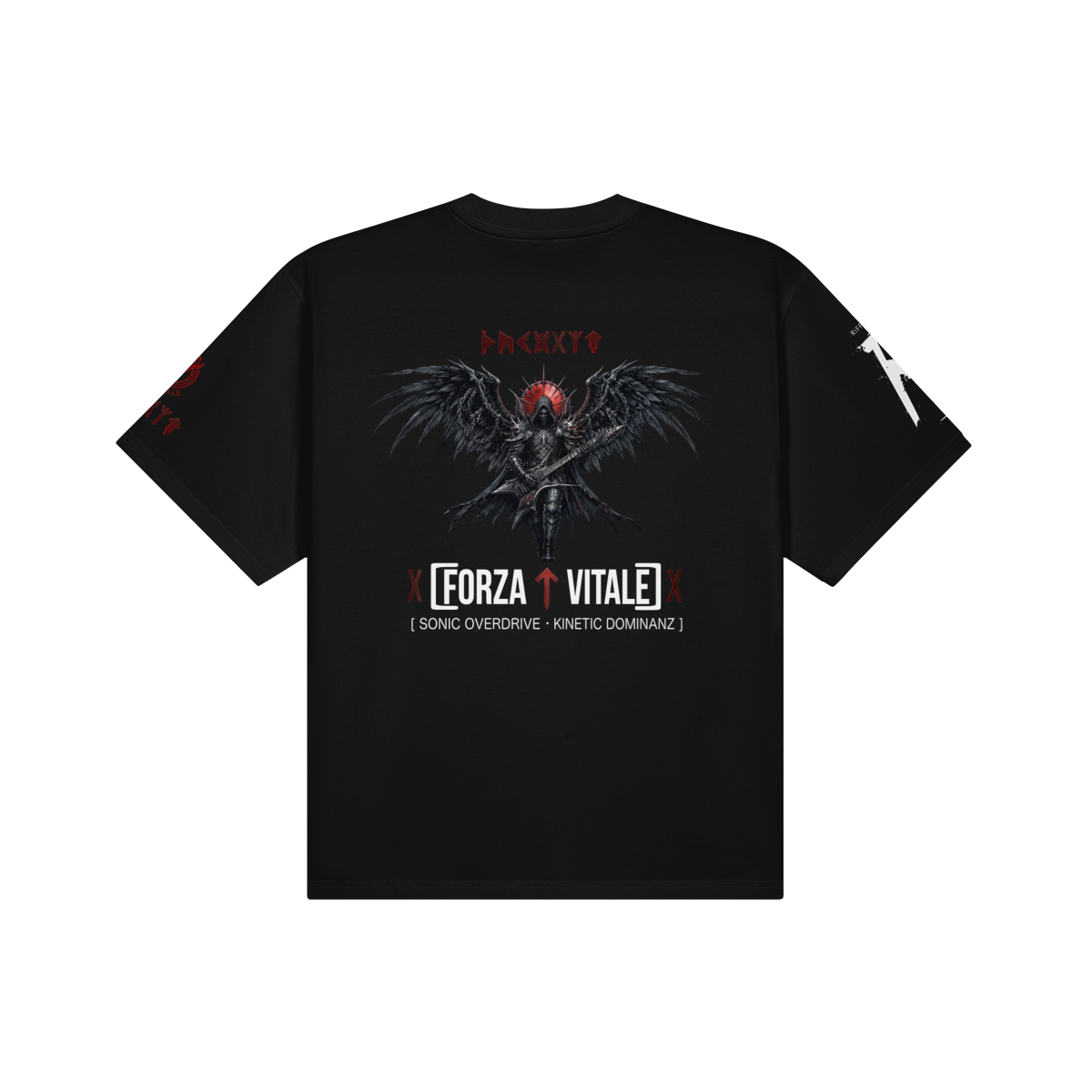 Detaillierter Backprint mit geflügeltem Gitarristen und Forza Vitale Schriftzug, düsteres Metal-Art-Design.
