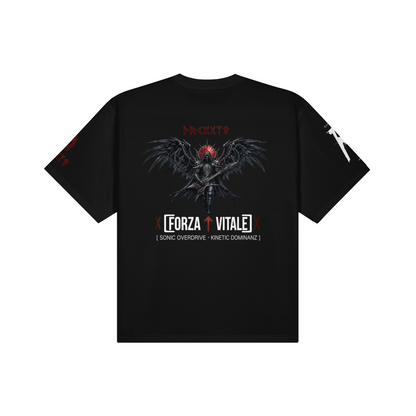 Detaillierter Backprint mit geflügeltem Gitarristen und Forza Vitale Schriftzug, düsteres Metal-Art-Design.