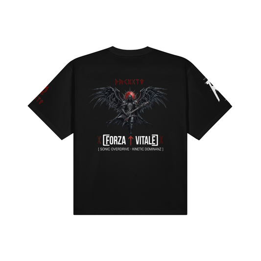 Detaillierter Backprint mit geflügeltem Gitarristen und Forza Vitale Schriftzug, düsteres Metal-Art-Design.