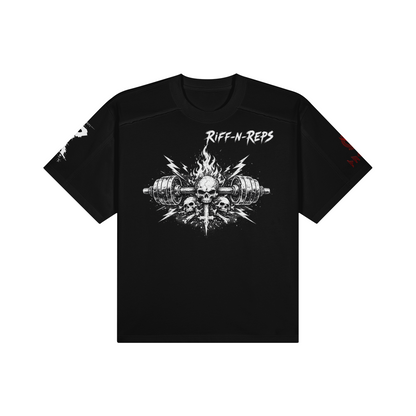 Schwarzes Gym-Shirt mit weißem Riff N Reps Logo im Kreuz-Design, minimalistischer Heavy Metal Stil.