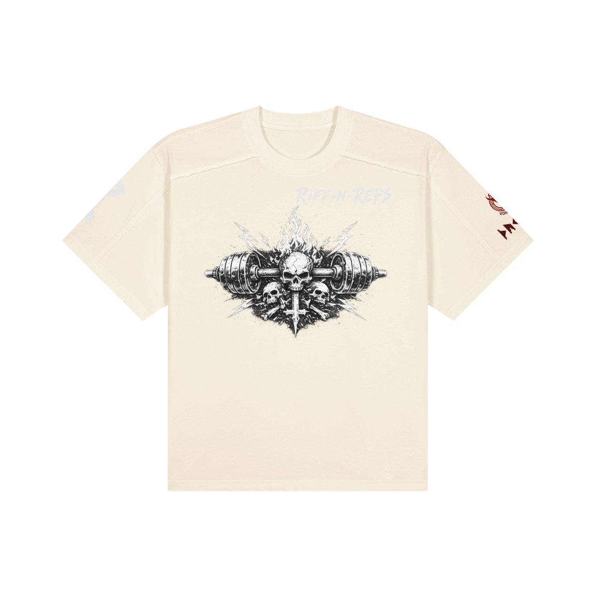 Nahaufnahme Riff N Reps Branding am Ärmel, weißer hochwertiger Textildruck.