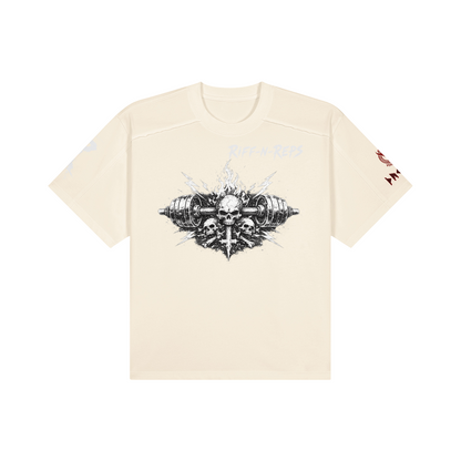 Nahaufnahme Riff N Reps Branding am Ärmel, weißer hochwertiger Textildruck.